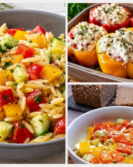 Verschiedene Paprikagerichte: mediterraner Nudelsalat, vegetarisch gefüllte Paprika, Paprika-Feta-Salat