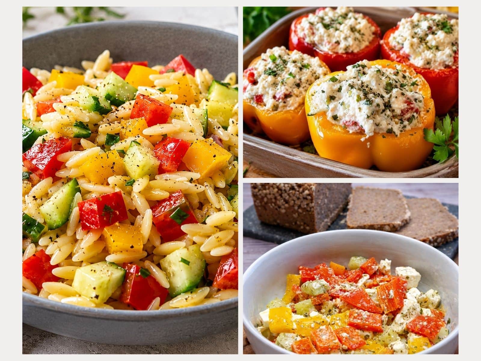 Verschiedene Paprikagerichte: mediterraner Nudelsalat, vegetarisch gefüllte Paprika, Paprika-Feta-Salat
