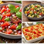 Collage mit verschiedenen Tomatenrezepten: Tomatensalat klassisch, mediterraner Kartoffelsalat, Nudelauflauf mit Zuchhini und Tomate