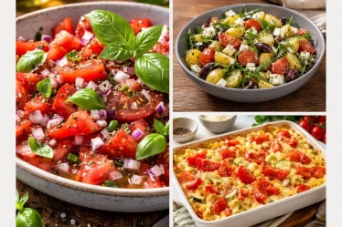 Collage mit verschiedenen Tomatenrezepten: Tomatensalat klassisch, mediterraner Kartoffelsalat, Nudelauflauf mit Zuchhini und Tomate
