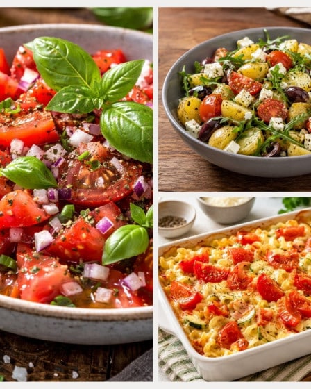 Collage mit verschiedenen Tomatenrezepten: Tomatensalat klassisch, mediterraner Kartoffelsalat, Nudelauflauf mit Zuchhini und Tomate