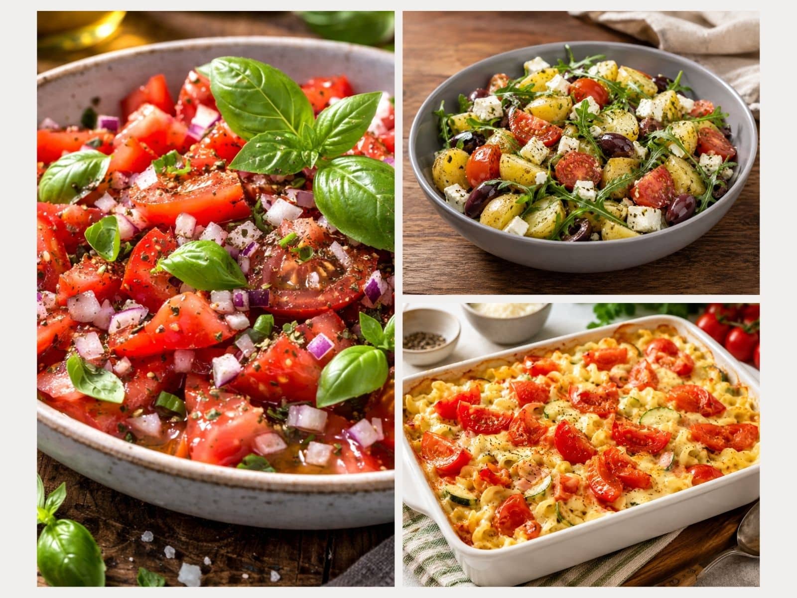 Collage mit verschiedenen Tomatenrezepten: Tomatensalat klassisch, mediterraner Kartoffelsalat, Nudelauflauf mit Zuchhini und Tomate