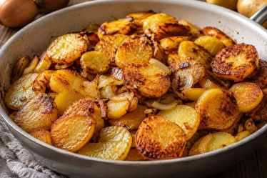 Klassische Bratkartoffeln mit Zwiebeln auf einem Teller