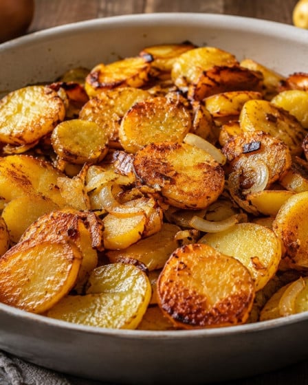 Klassische Bratkartoffeln mit Zwiebeln auf einem Teller