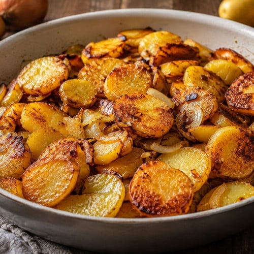 Klassische Bratkartoffeln mit Zwiebeln auf einem Teller