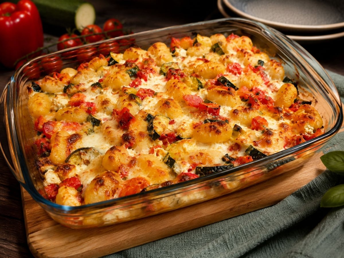 Gnocchiauflauf mit Zucchini, Paprika und Feta in einer Auflaufform auf einem Brett