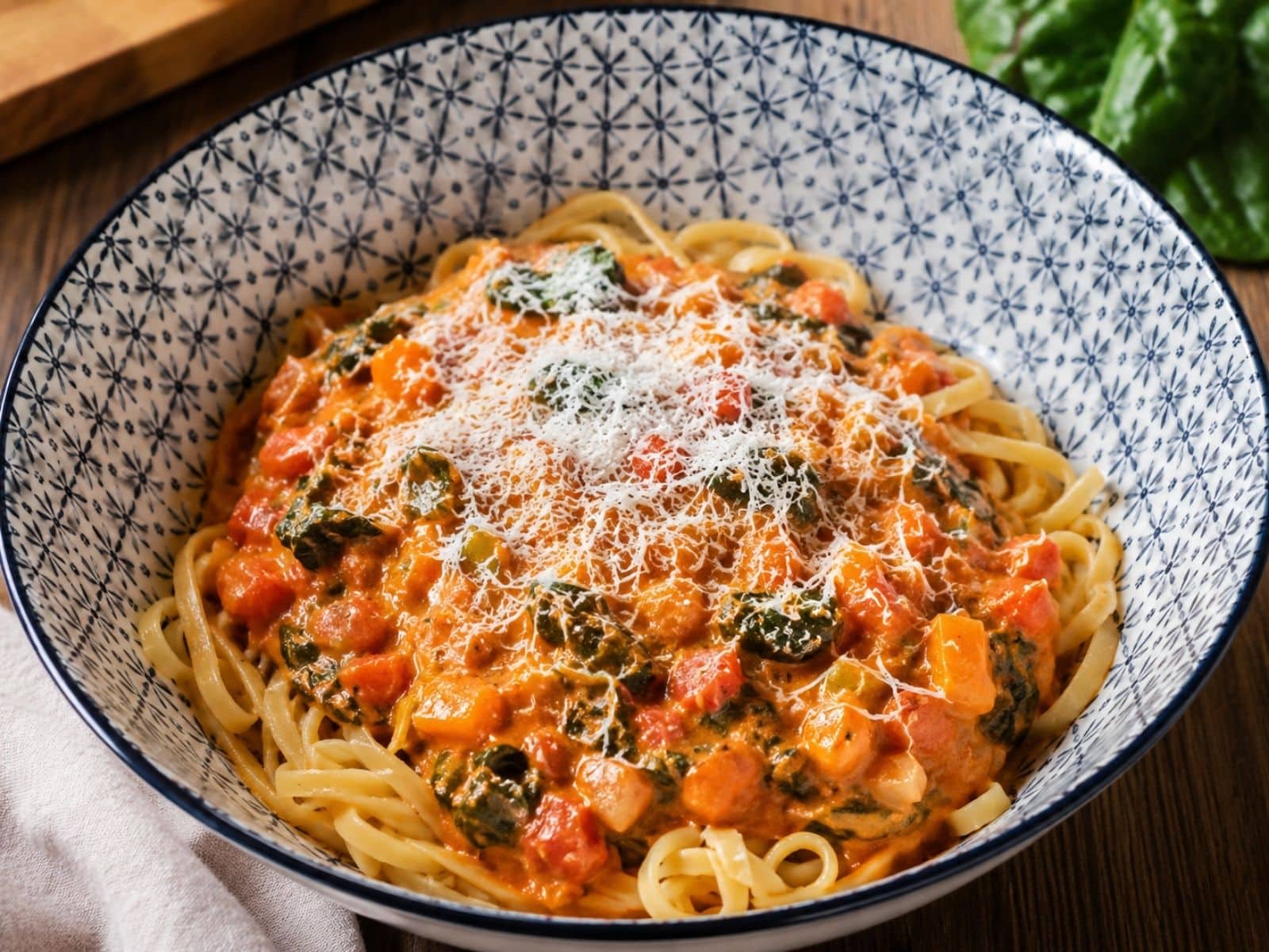 Mangoldnudeln in cremiger Tomatensoße auf einem Teller