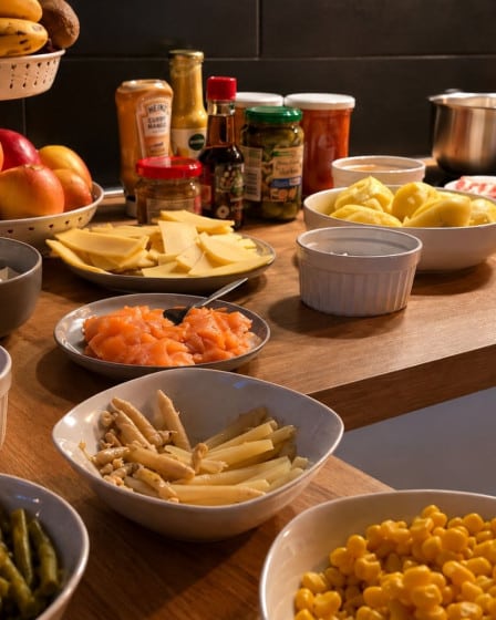 Verschiedene Zutaten fürs Raclette auf der Küchenarbeitsplatte